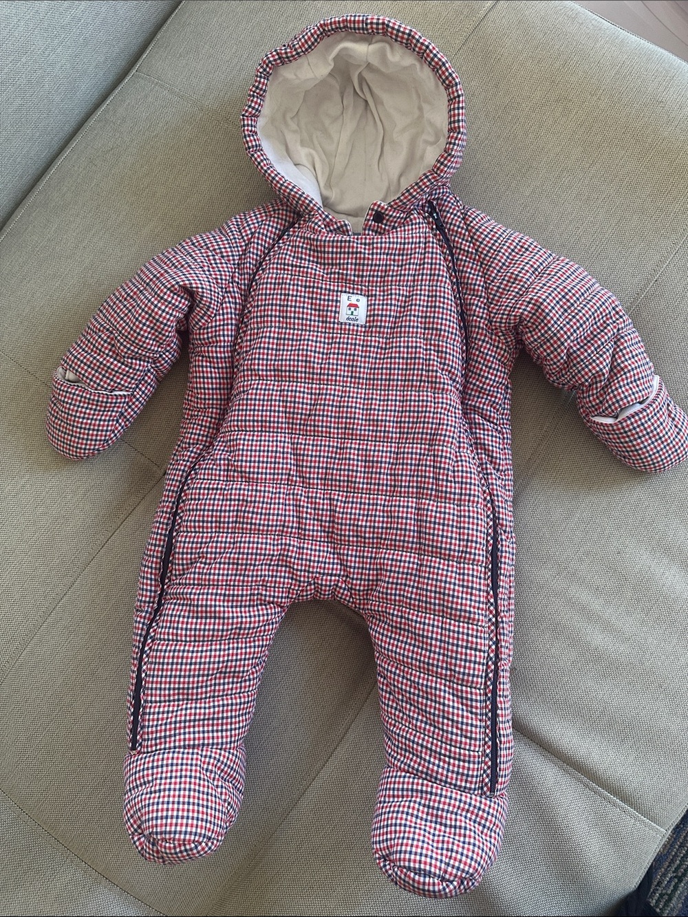 Jacadi Red and Navy Gingham Quilted Hooded Baby Snowsuit